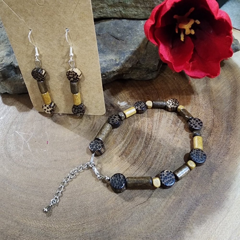 Hand Crafted Brown and Black Animal Print Wooden Beaded Bracelet Set
